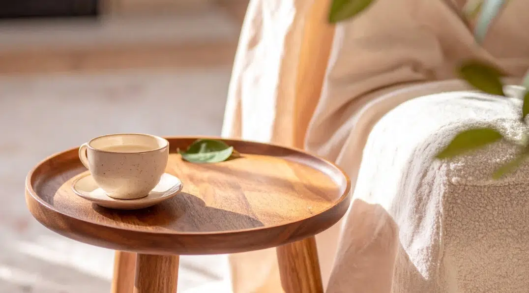 A beige ceramic teacup on a saucer resting on a wooden side table in a softly lit, calm room, representing a moment of peace during a reset.