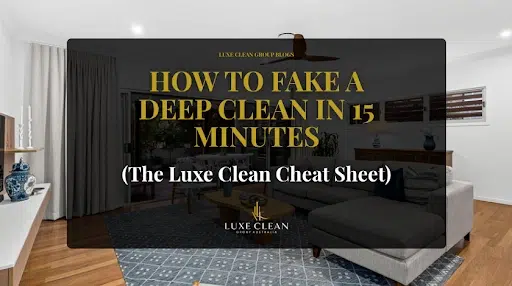 Maximizing-Cleaner-Efficiency_3 Cleaning supplies: spray bottle, squeegee, and colorful microfiber cloths on a white surface.