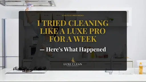 Maximizing-Cleaner-Efficiency_3 Cleaning supplies: spray bottle, squeegee, and colorful microfiber cloths on a white surface.