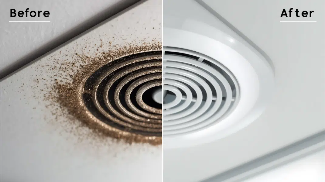 Before and after comparison of a ceiling air conditioning vent showing dust removal and professional cleaning results.