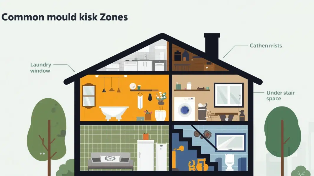 Illustrated house diagram highlighting common mould risk zones including laundry areas, roof spaces, and under stair storage.