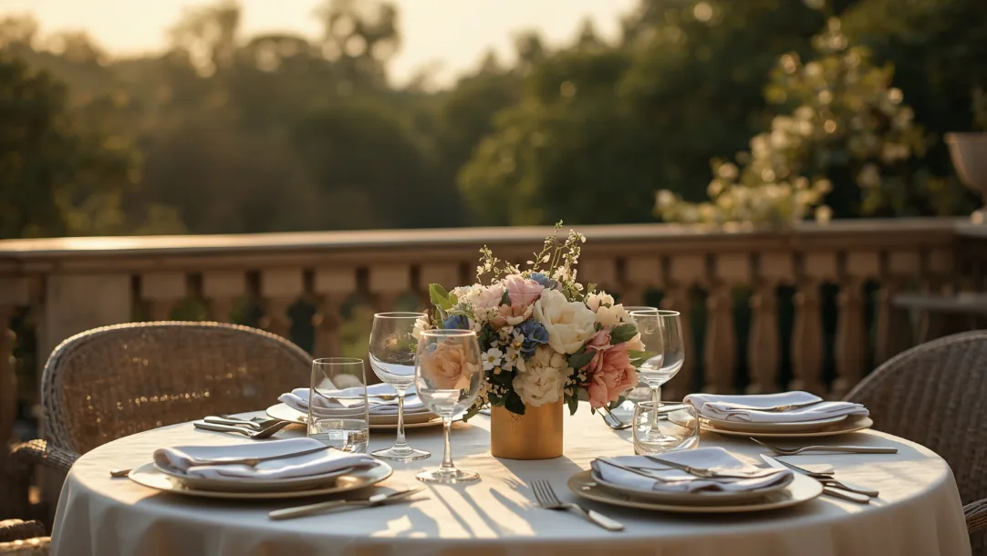 Outdoor dinner table set on a balcony at golden hour with polished glassware, cutlery and a floral centrepiece.