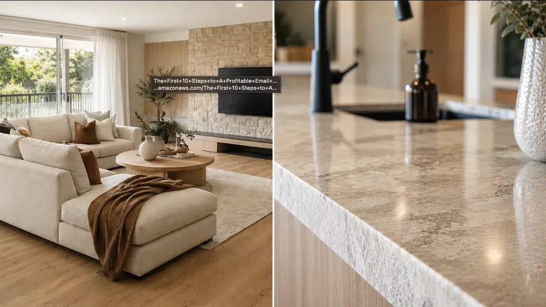 Split image comparing a styled living room listing photo with a close-up of a polished stone kitchen benchtop.