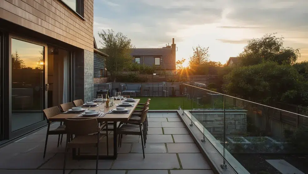 Outdoor dining terrace set for guests, with a glass balustrade and paved stone flooring, at sunset.