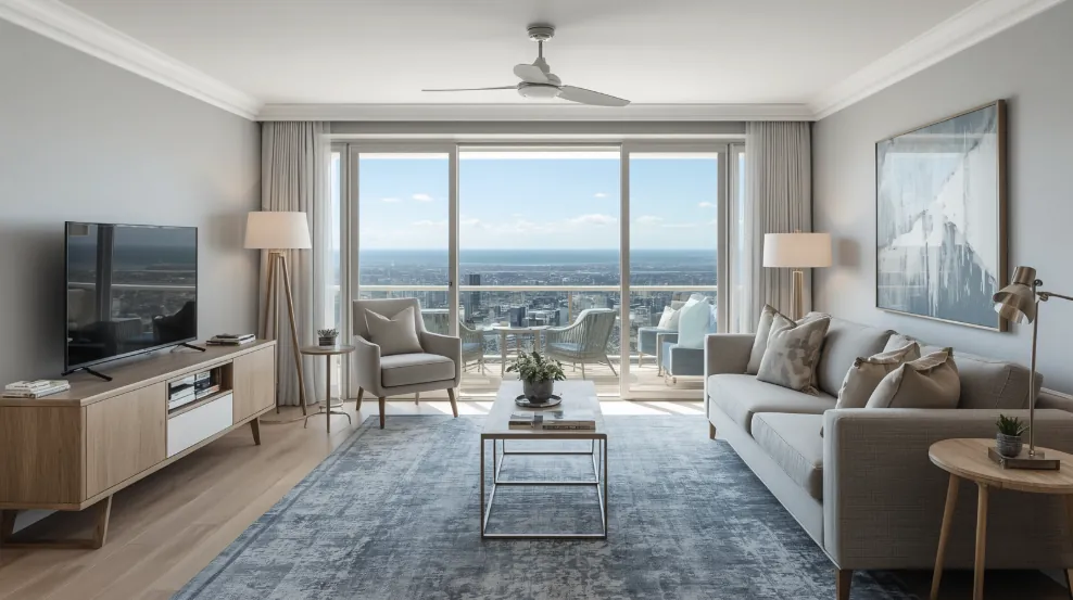 High-rise apartment living room with floor-to-ceiling glass doors opening to a balcony overlooking the city and coastline.