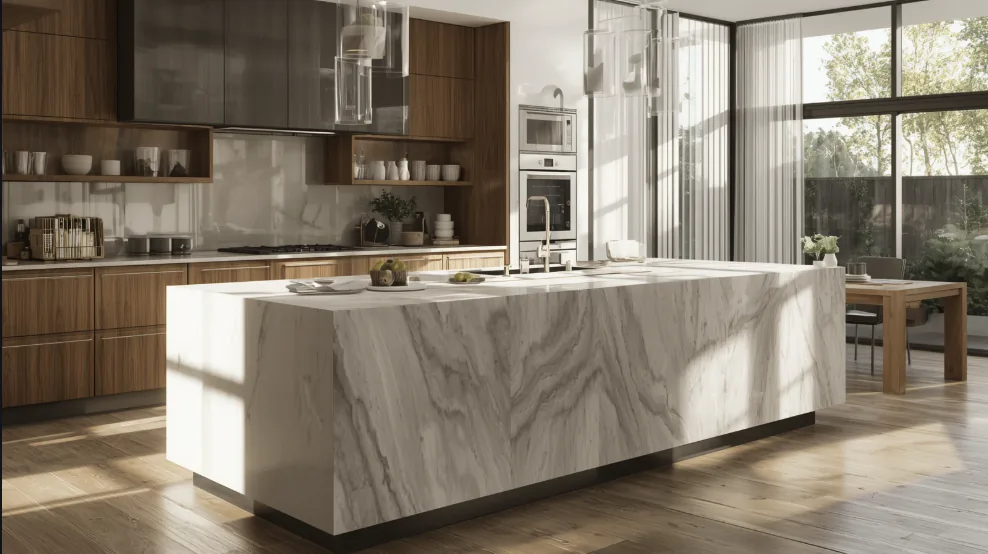 Modern kitchen with a large white marble waterfall island benchtop, timber cabinetry and floor-to-ceiling windows.