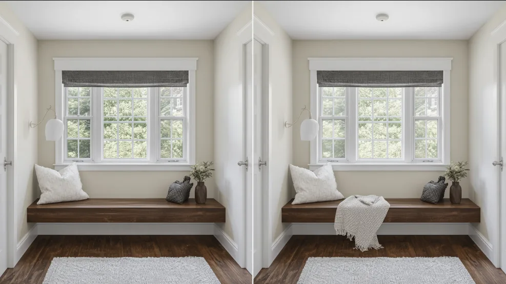 Side-by-side comparison of the same window seat nook, one plain and one styled with a draped throw blanket.