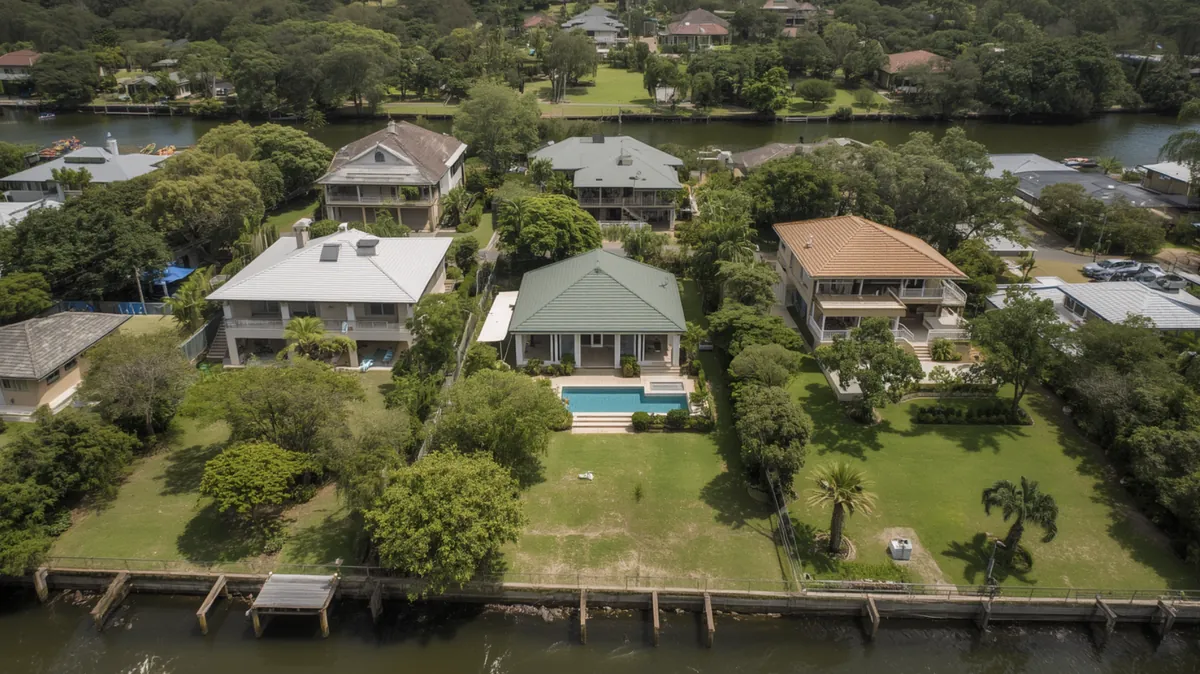 Aerial view of riverfront homes with large gardens, a swimming pool and private jetties along the water.