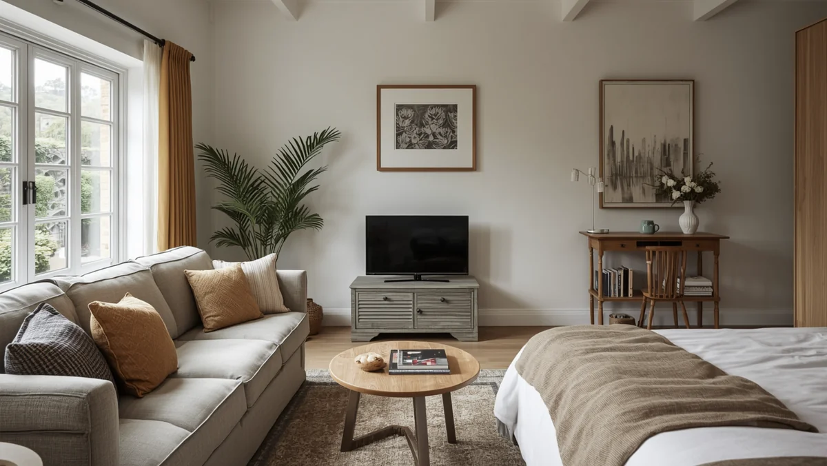 Bright guest studio with a linen sofa, round timber coffee table, bed and French doors opening onto the garden.